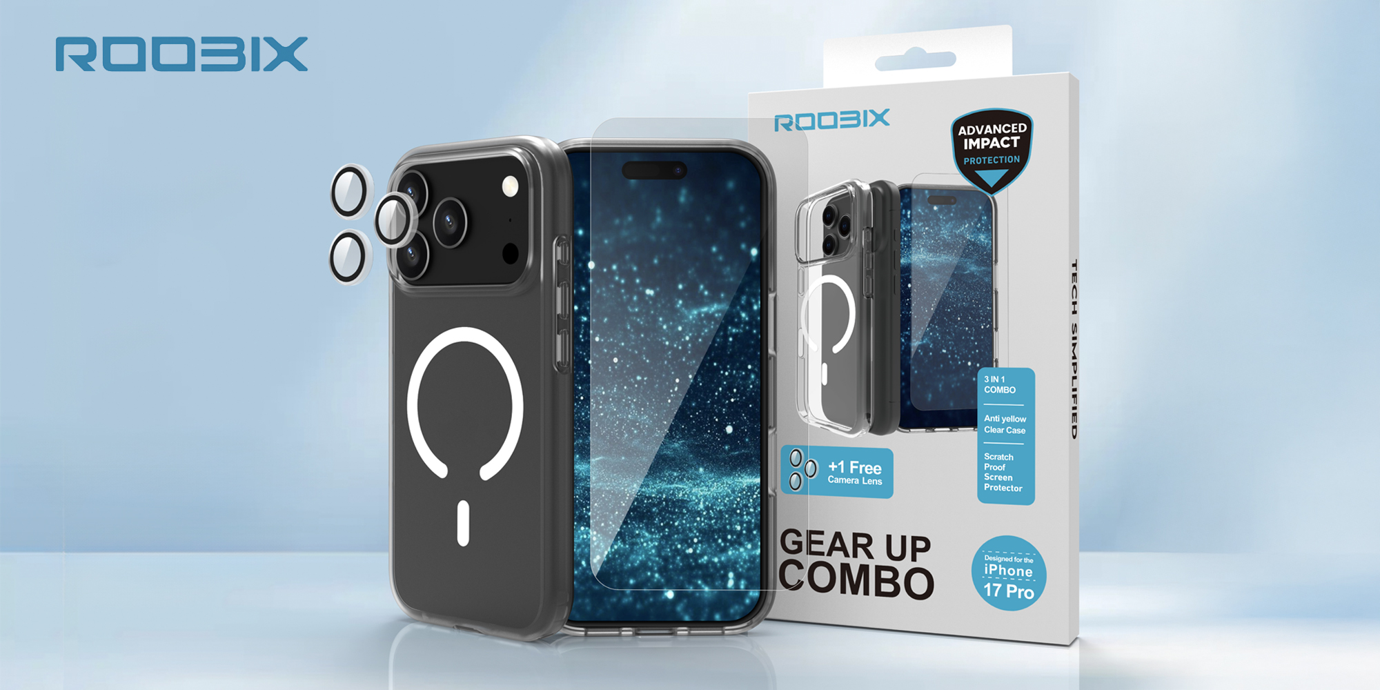 Zestaw Roobix 3w1 Combo do iPhone 17 (etui MagSafe + szkło + ochrona obiektywu) prezentacja zawartości pudełka i wizualizacja na smartfonie